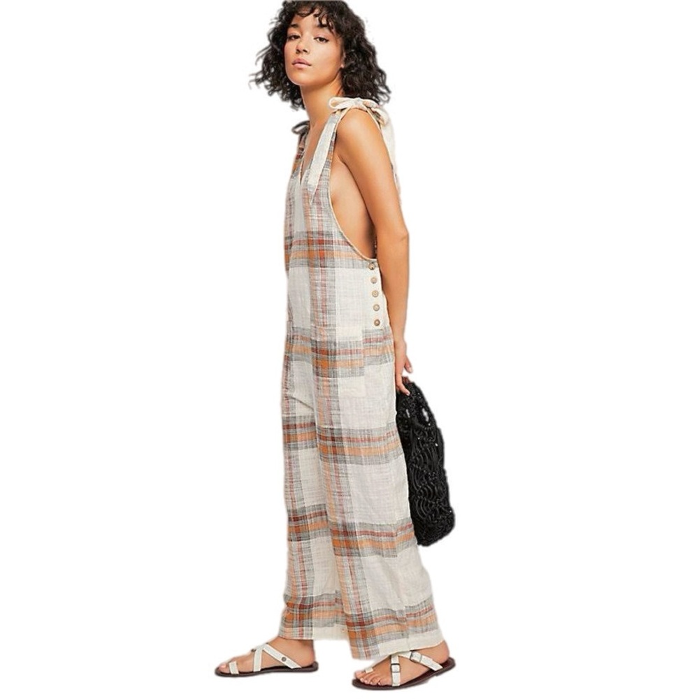 Free People Don’t You Want This Plaid Cotton Jumpsuit Size S